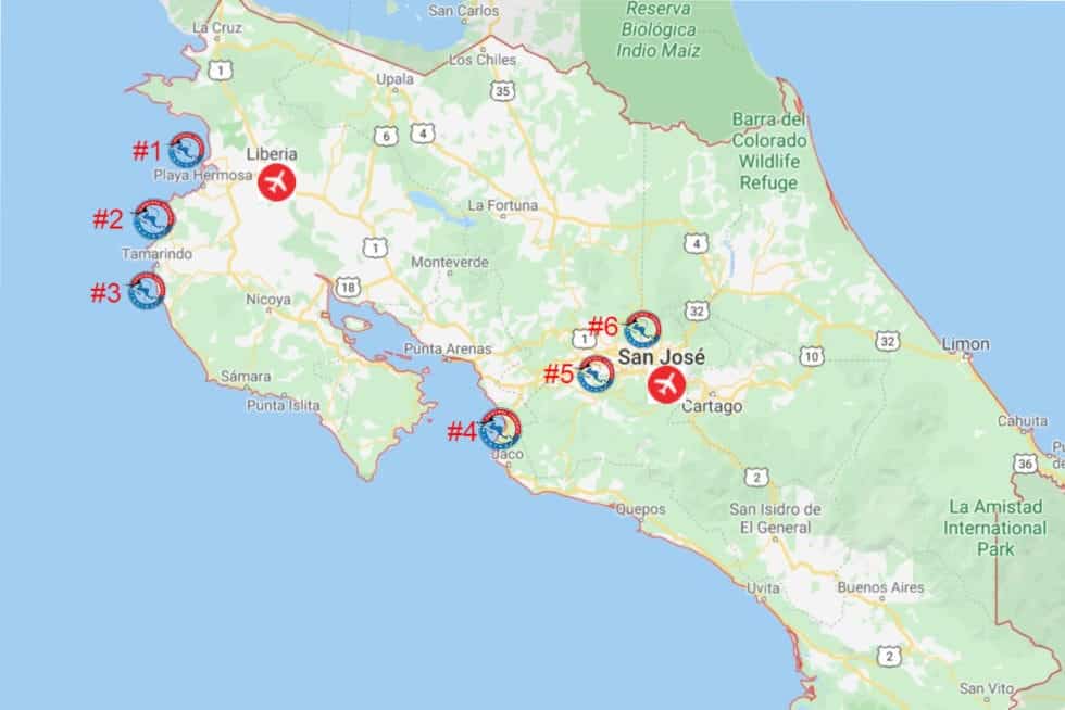 Map of the best golf courses in Costa Rica.