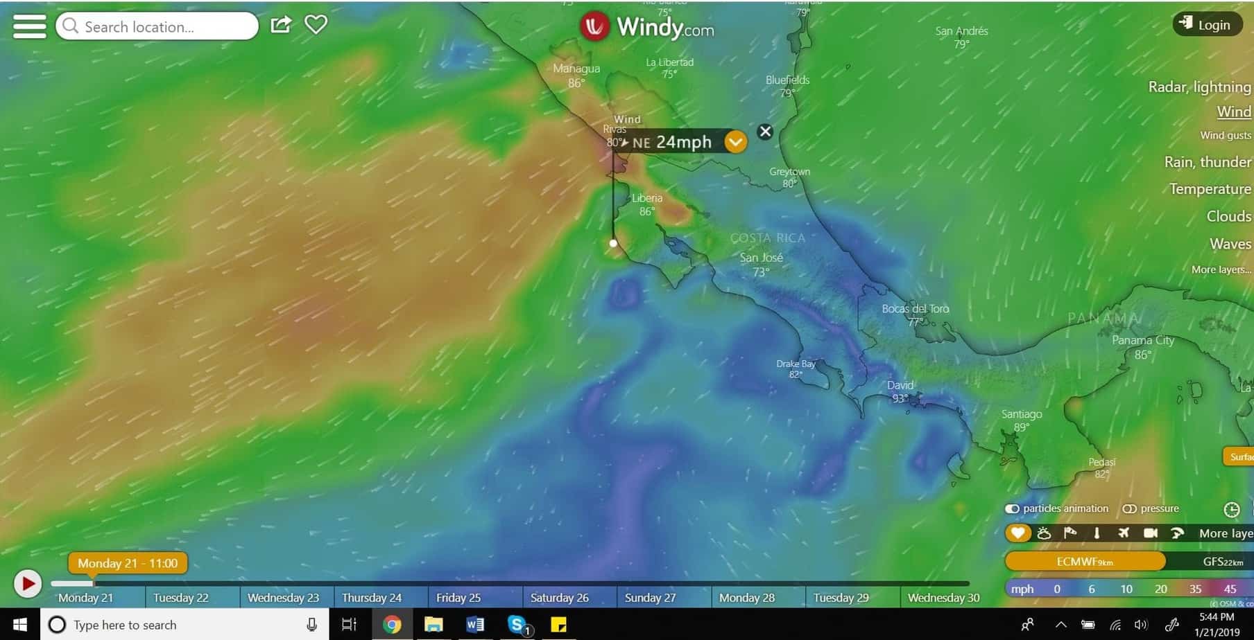 Costa Rica Wind Map for February