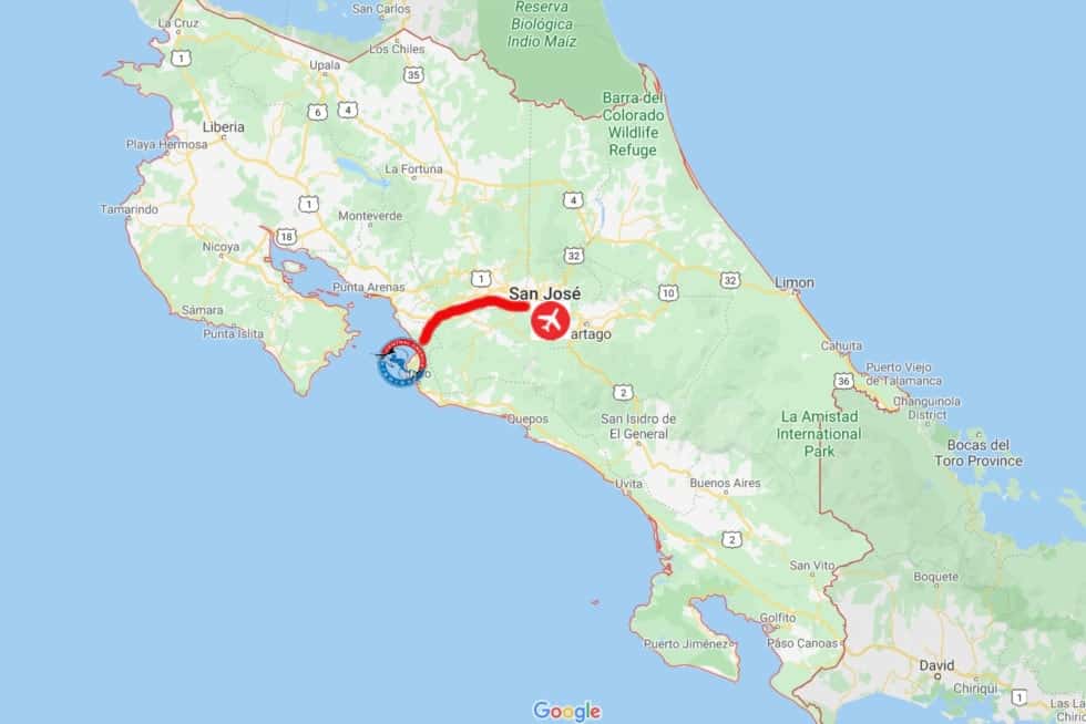 Map of how to get to Los Suenos, Costa Rica