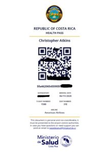 Completed Costa Rican health pass for travel during the Covid-19 pandemic