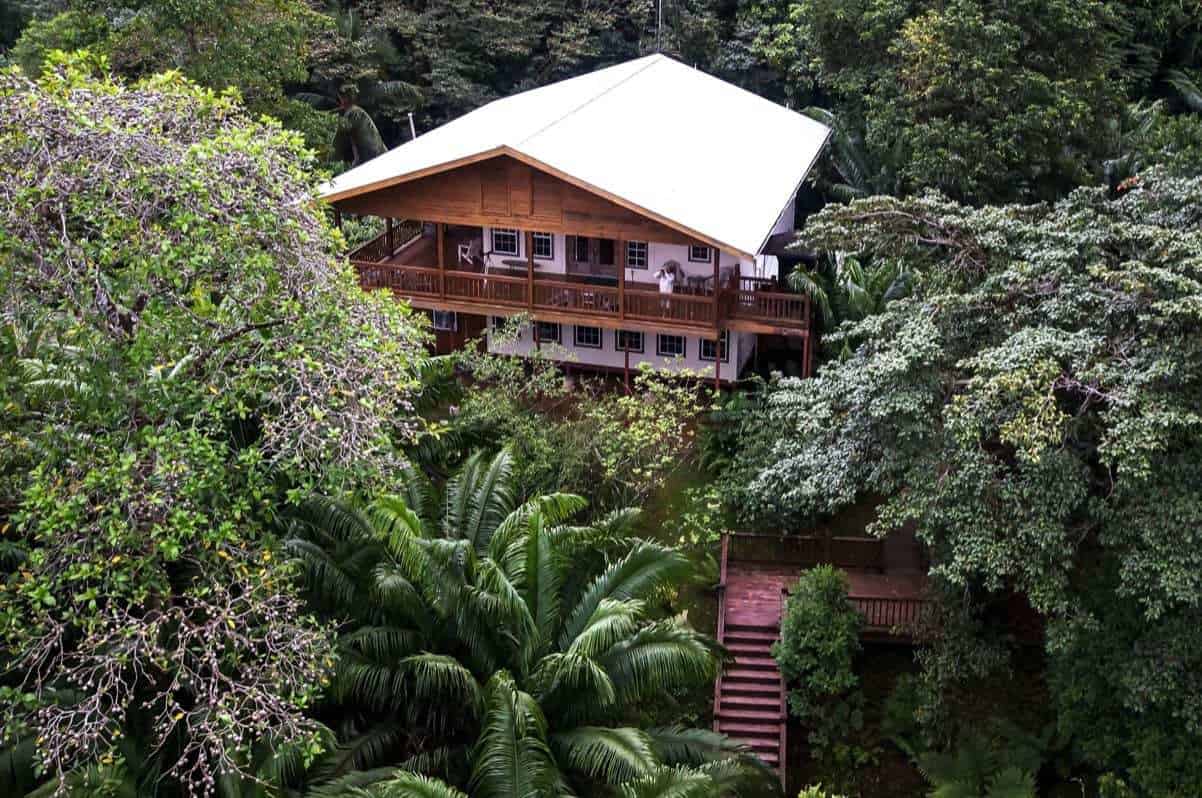Drone shot of the main lodge at Tranquilo Bay in Bocas del Toro, Panama