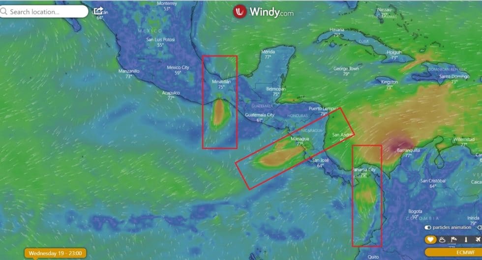 Map of the wind patterns in Central America