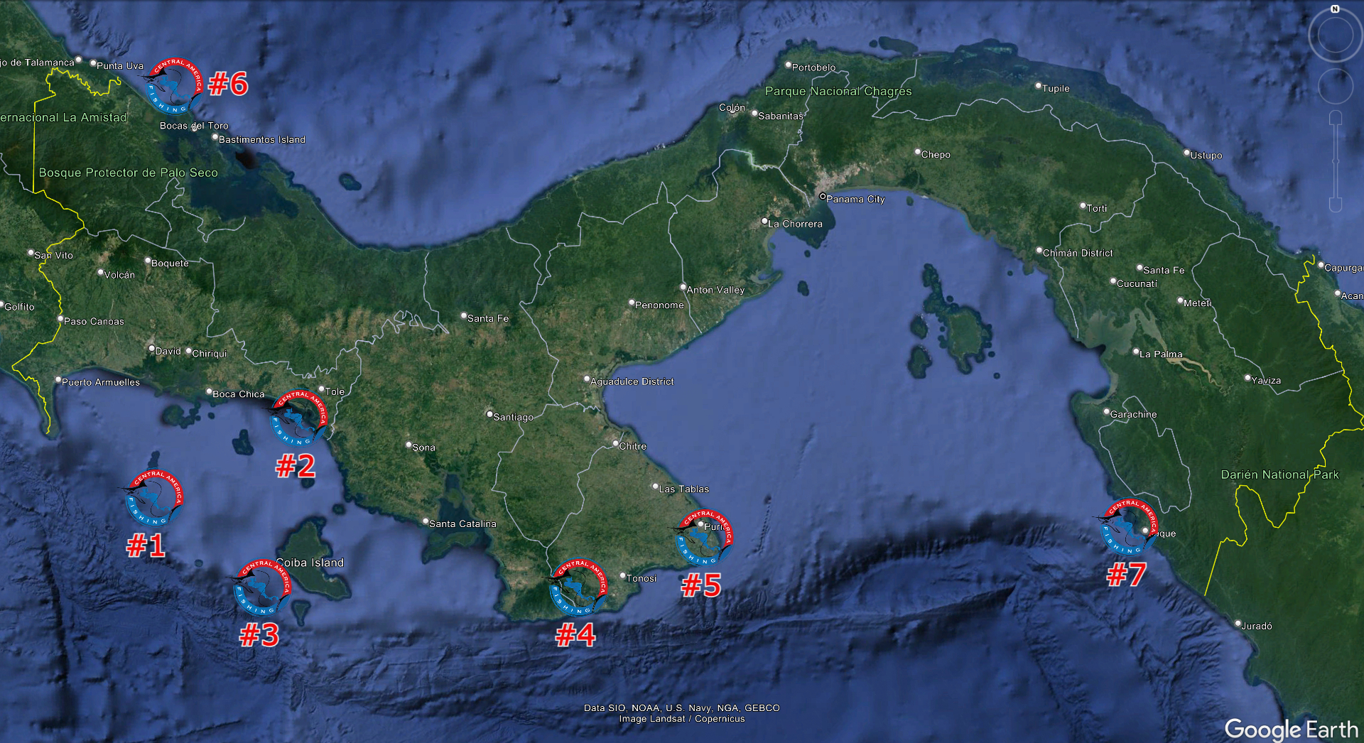 Map of the Top 7 Fishing Lodges in Panama
