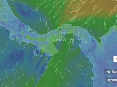 Map of Panama from Windy.com shows the strong winds in the Bay of Panama during the dry season