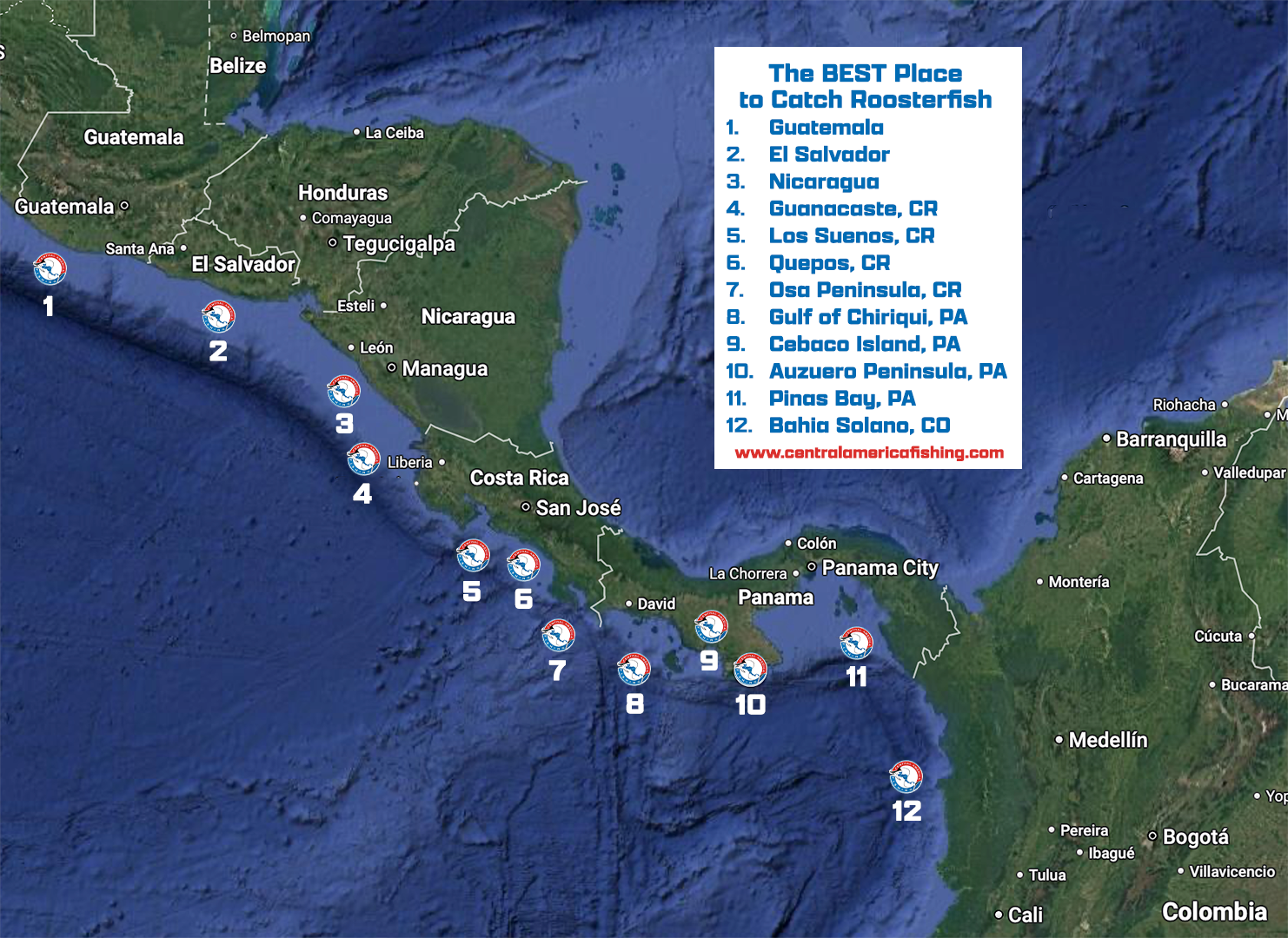 Map of the Best Place to Catch Roosterfish in Central America