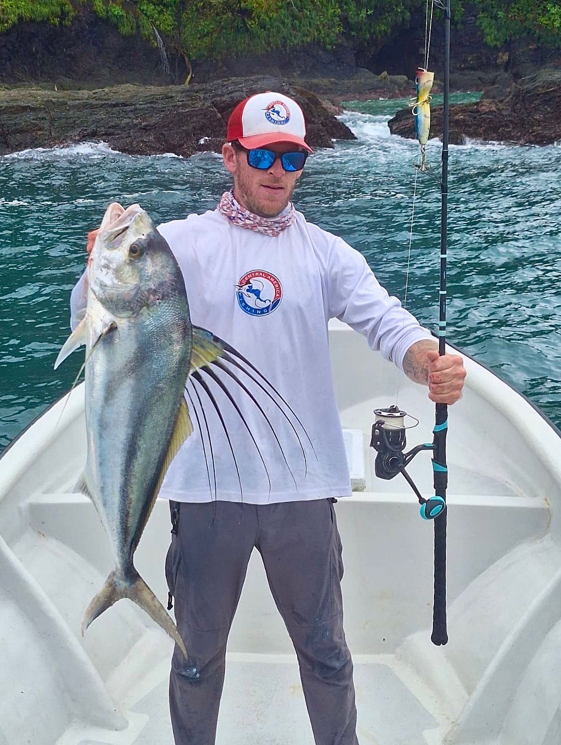 CAF marketing manager, Dakota, catches a roosterfish in the Azuero Peninsula in Panama