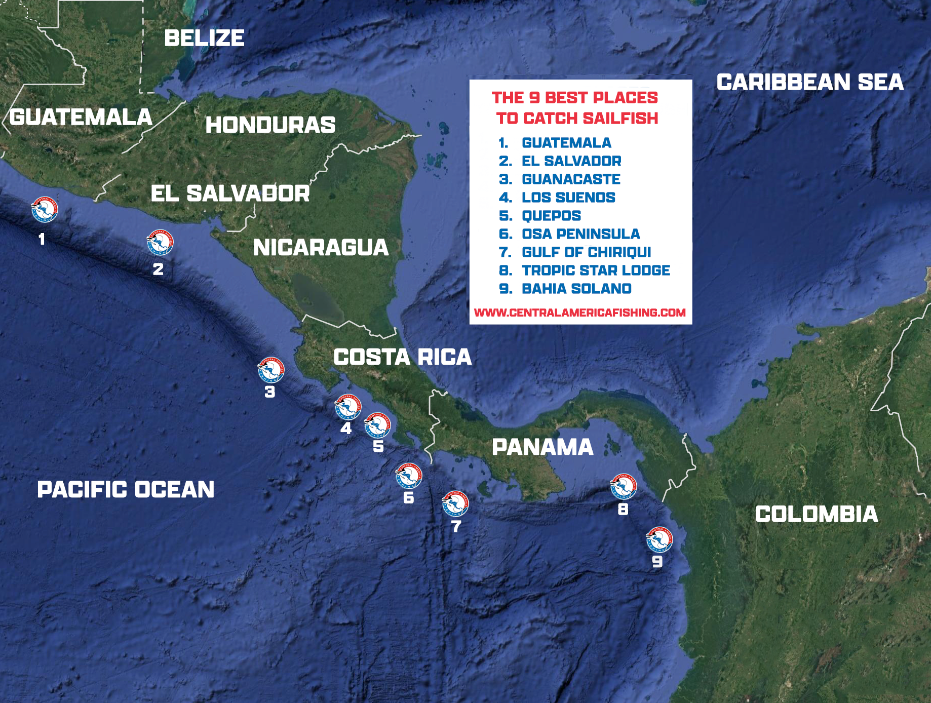 MAP - SAILFISH Map of the Best Places to Catch Sailfish in Central America